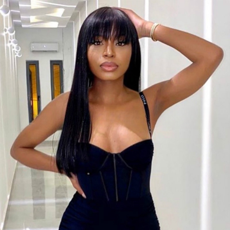 Wig for women long straight hair wig with bangs black fashion temperament face-shaping synthetic fiber wig