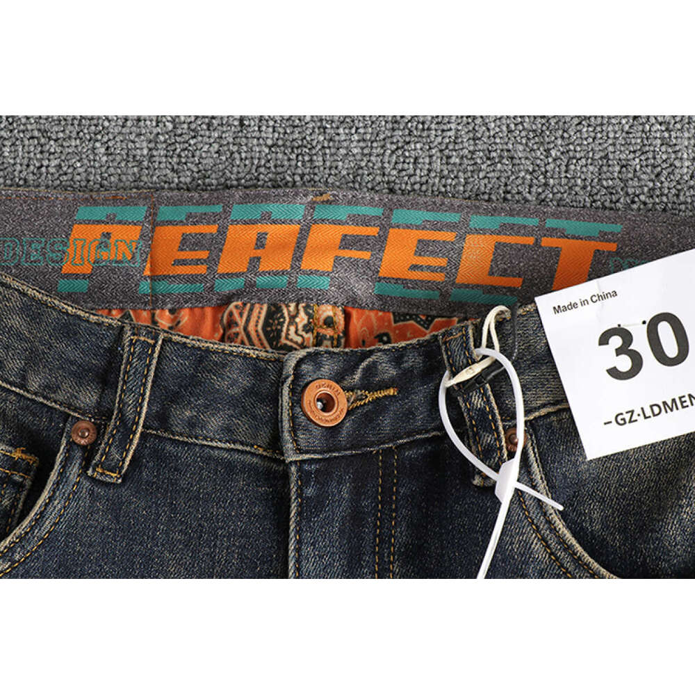 Waist Printed Retro Jeans Men Clothing Washed Distressed Denim Pants Cargo Straight Trousers Casual Wear Oversized Style Fashion