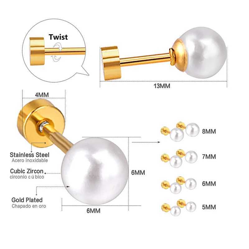 LUXUSTEEL 2PCS 5/6/7/8mm stainless steel round pearl earrings suitable for women men and wholesale of high-quality screw back perforated studs W241023