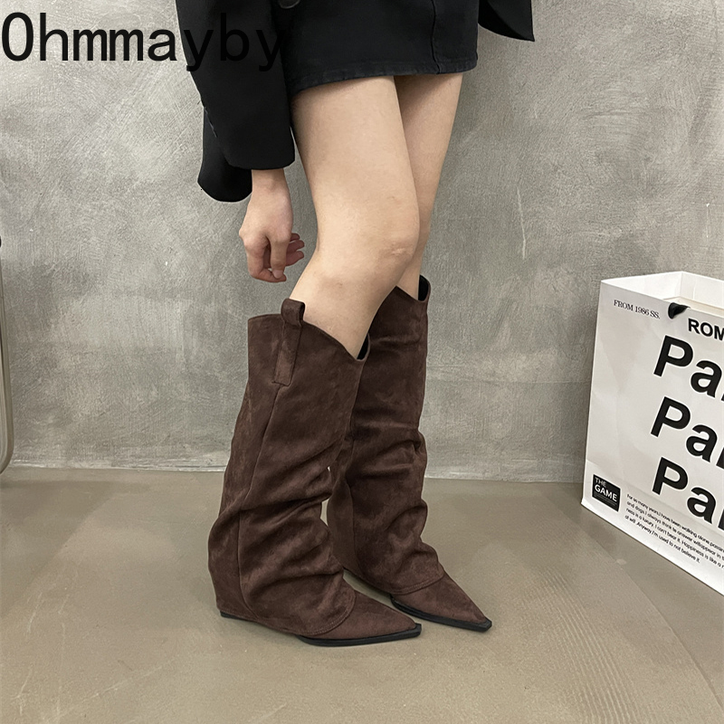 Winter Women Knee High Boots Fashion Pointed Toe Slip On Long Booties Designer Thick Heels Botas De Mujer