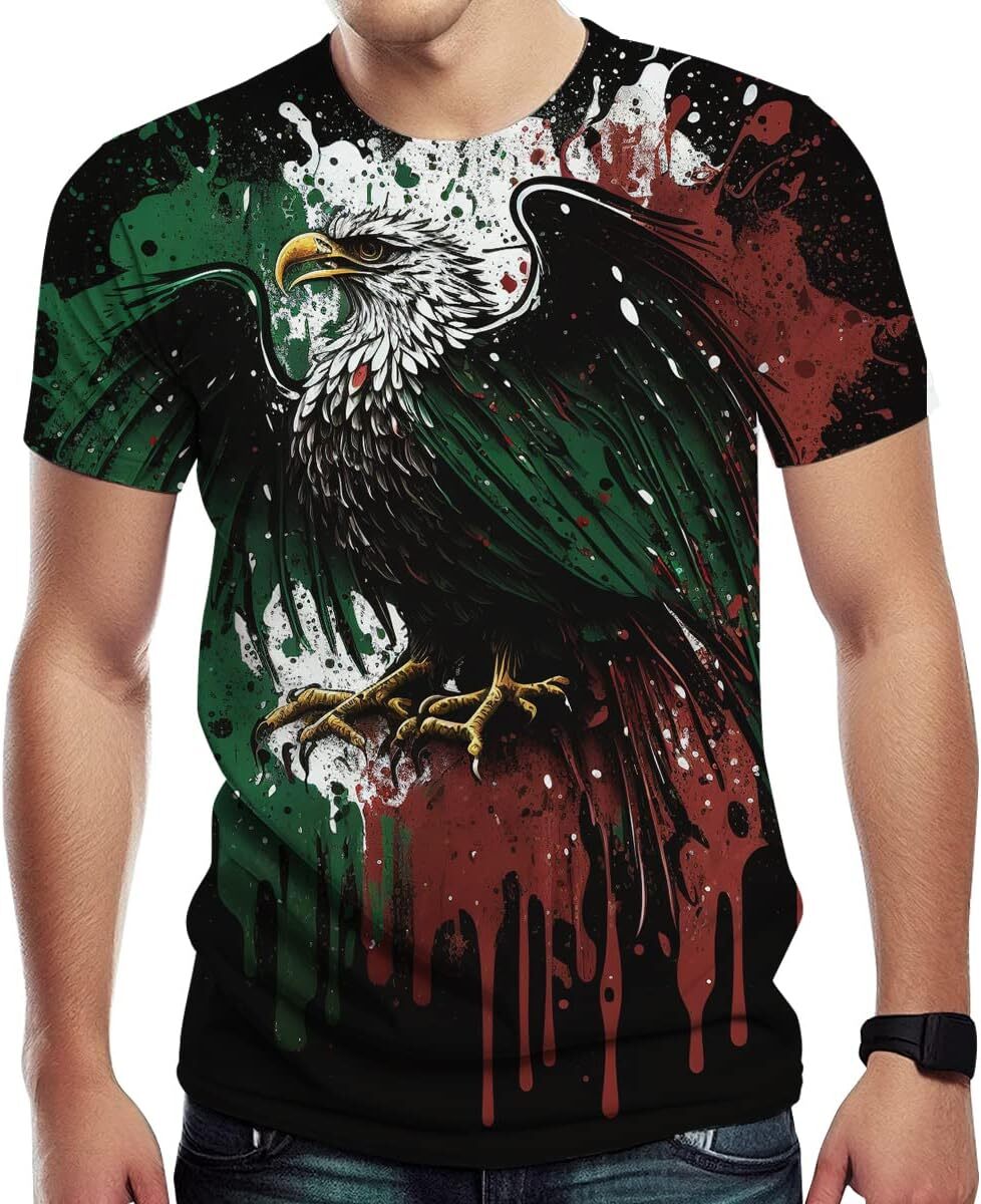 Mens T shirt Novelty Cool Mexican Flag and Eagle Print Short Sleeve T Shirt for Men's tee Casual tops summer clothes Breathable cool