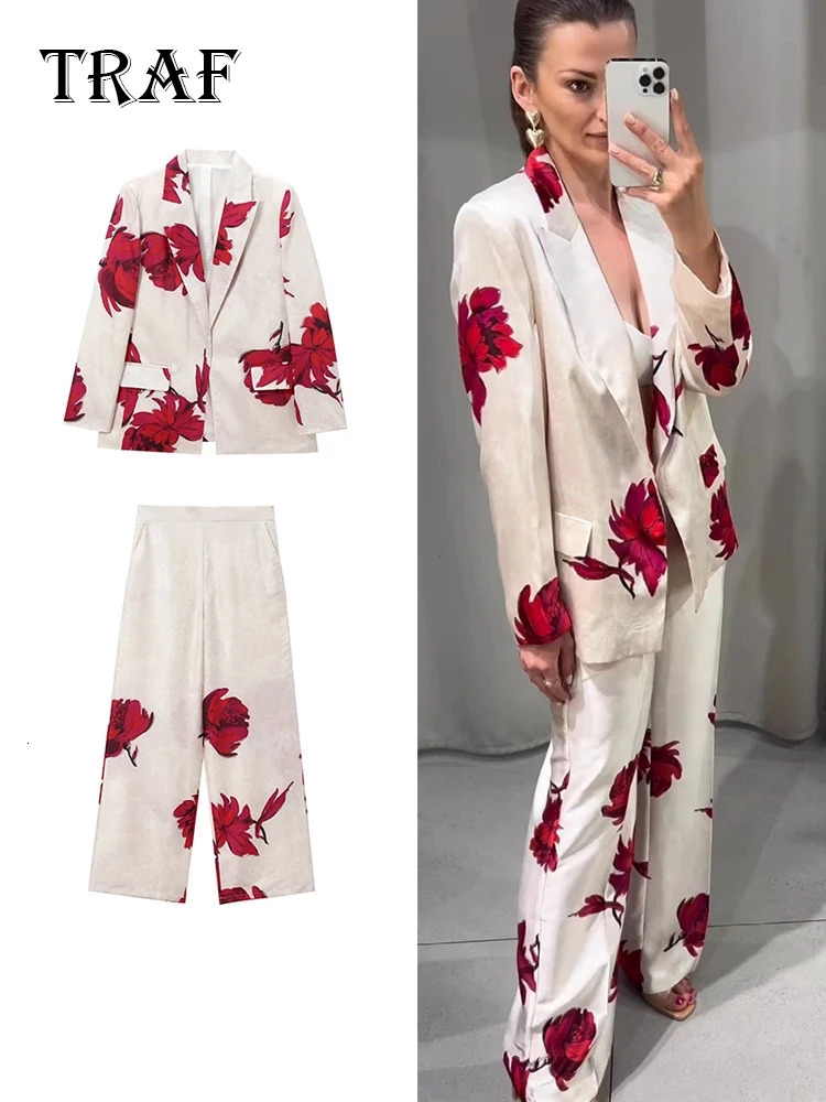 TRAF Elegant Print Blazer Suit and Wide Leg Pants Two 2 Piece Sets Outfits For Women Classic OL Work Street Outfit Tracksui 241023