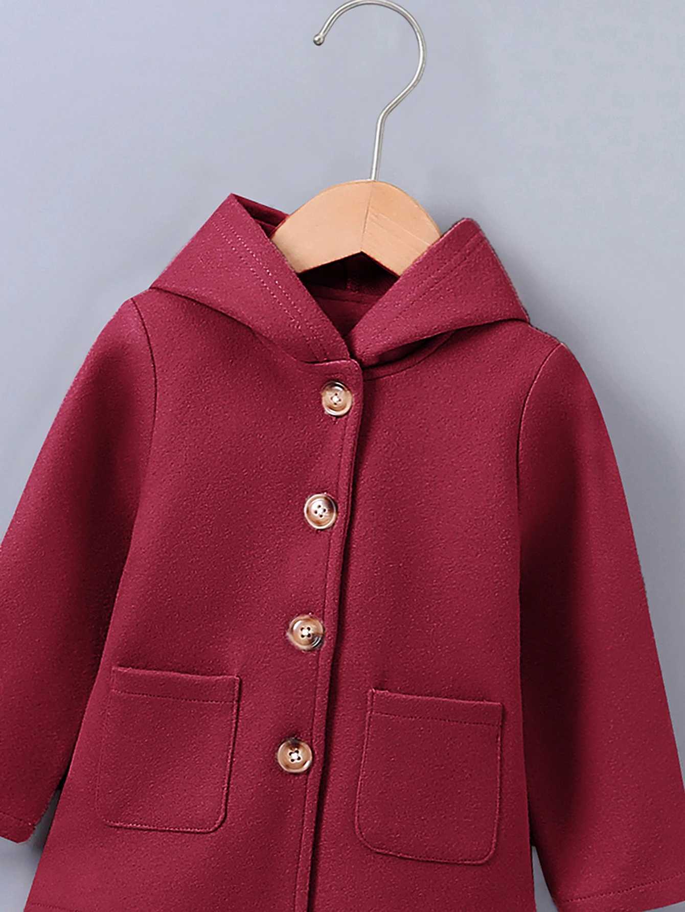Winter long sleeved solid color single chest hooded long sleeved wool jacket suitable for small and medium-sized girls W241023