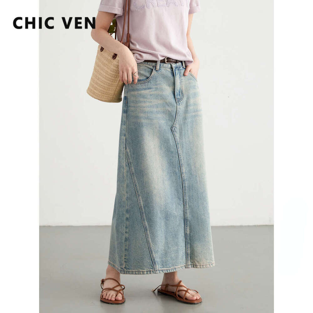 CHIC VEN Fashion Women Skirts Blue New Irregular Spliced Denim High Waisted A-E Long Female Skirt Summer 2024