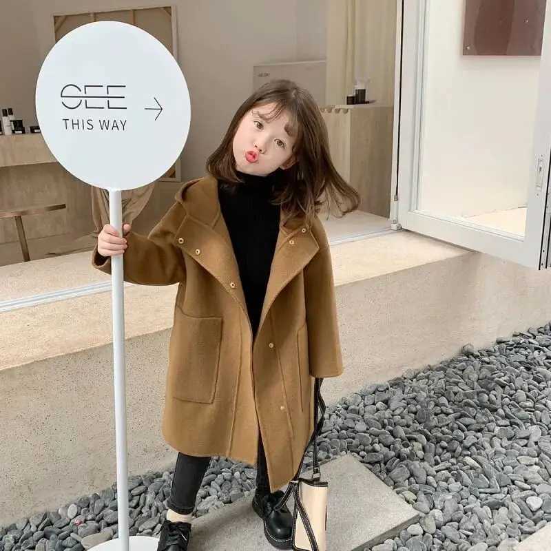 Childrens wool coat autumn and winter new item womens hooded sweater solid color baby medium length wool coat W241023