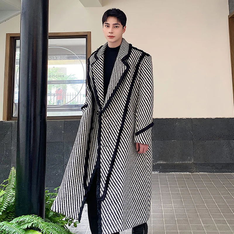 IEFB winter mens wool long coat thick woven twill lapel wool coat Korean style windproof agent trend autumn 9C3302 241024