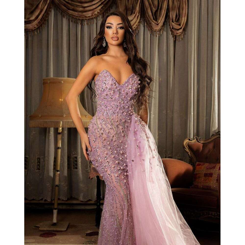 Elegant Pink Mermaid Prom Dresses Sweetheart Neck Big Pearls Beads Evening Gowns Ruffles Formal Ocn Party Dress
