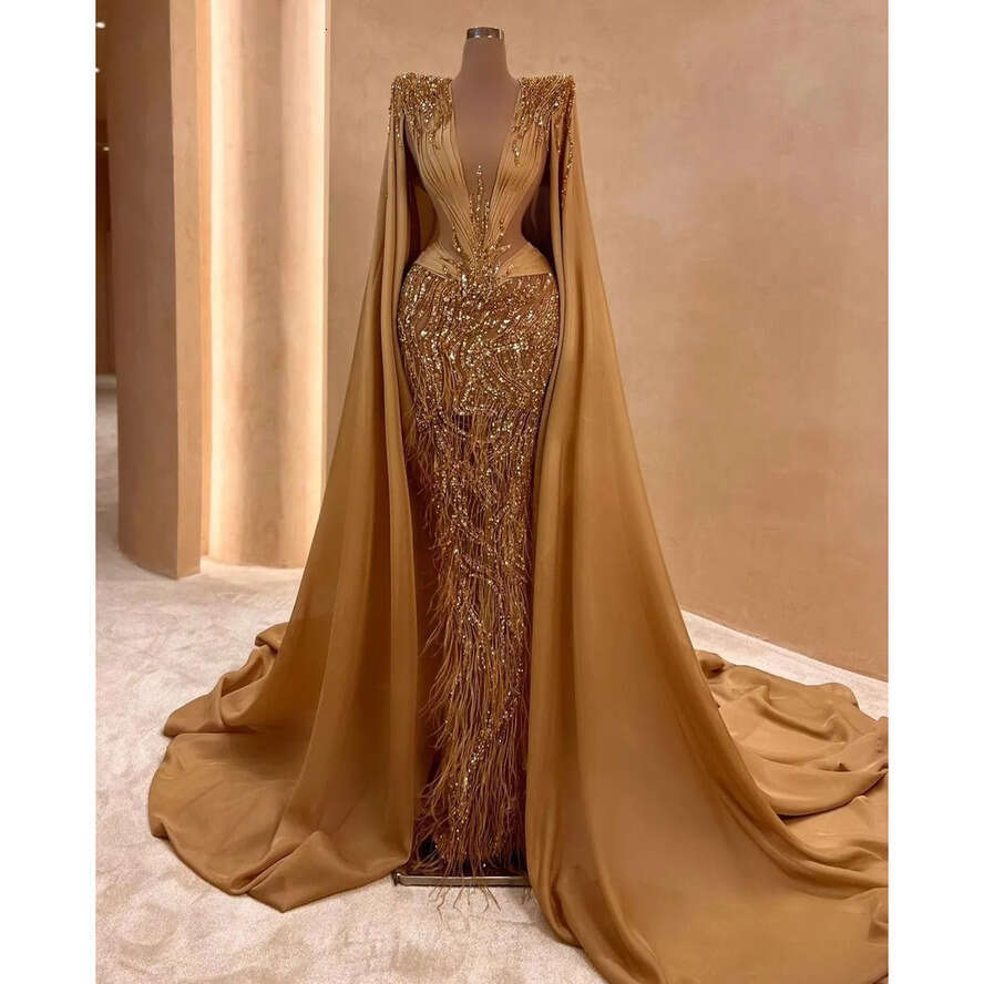 Gold Evening Sleeveless V Neck Lace Capes Satin Beaded Appliques Sequins Feather Or Length Celebrity Formal Prom Dresses Plus Size Gowns Party Dress 6