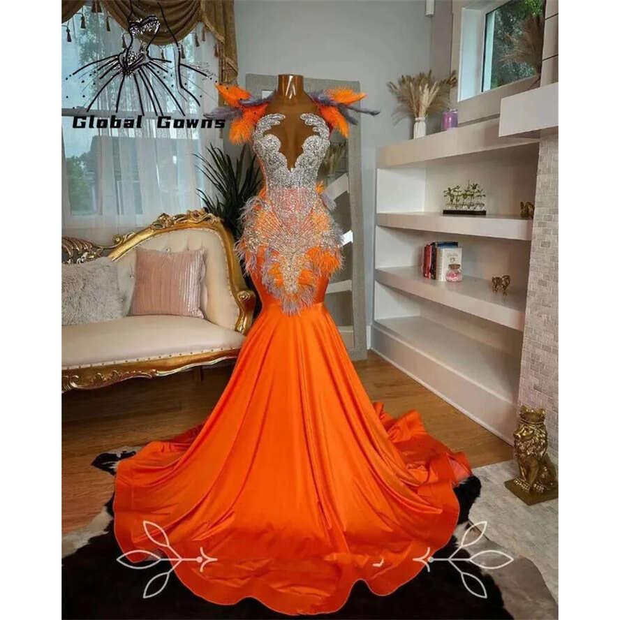 Orange High Neck Long Prom Dress For Black Girls 2024 Beaded Crystal Rhie Birthday Party Dresses Feathers Evening Gown