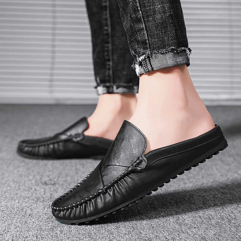 Men Dress Shoes Fitting Room Bean Shoes Mens Summer No Heel Half Dragged Mens Leather Shoes Mens Casual Shoes Lazy Shoes 241009
