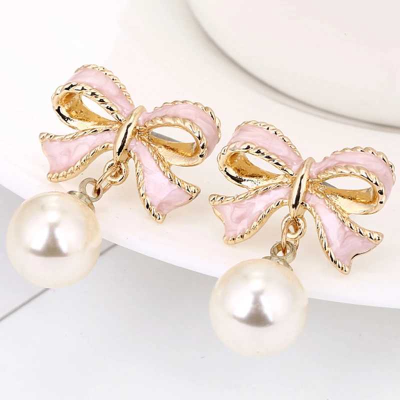 Hot Fashion Cute Pink Bow Earrings Imitation Pearl Earrings Upscale Wedding Womens Party Jewelry Gifts New E8972019 W241023