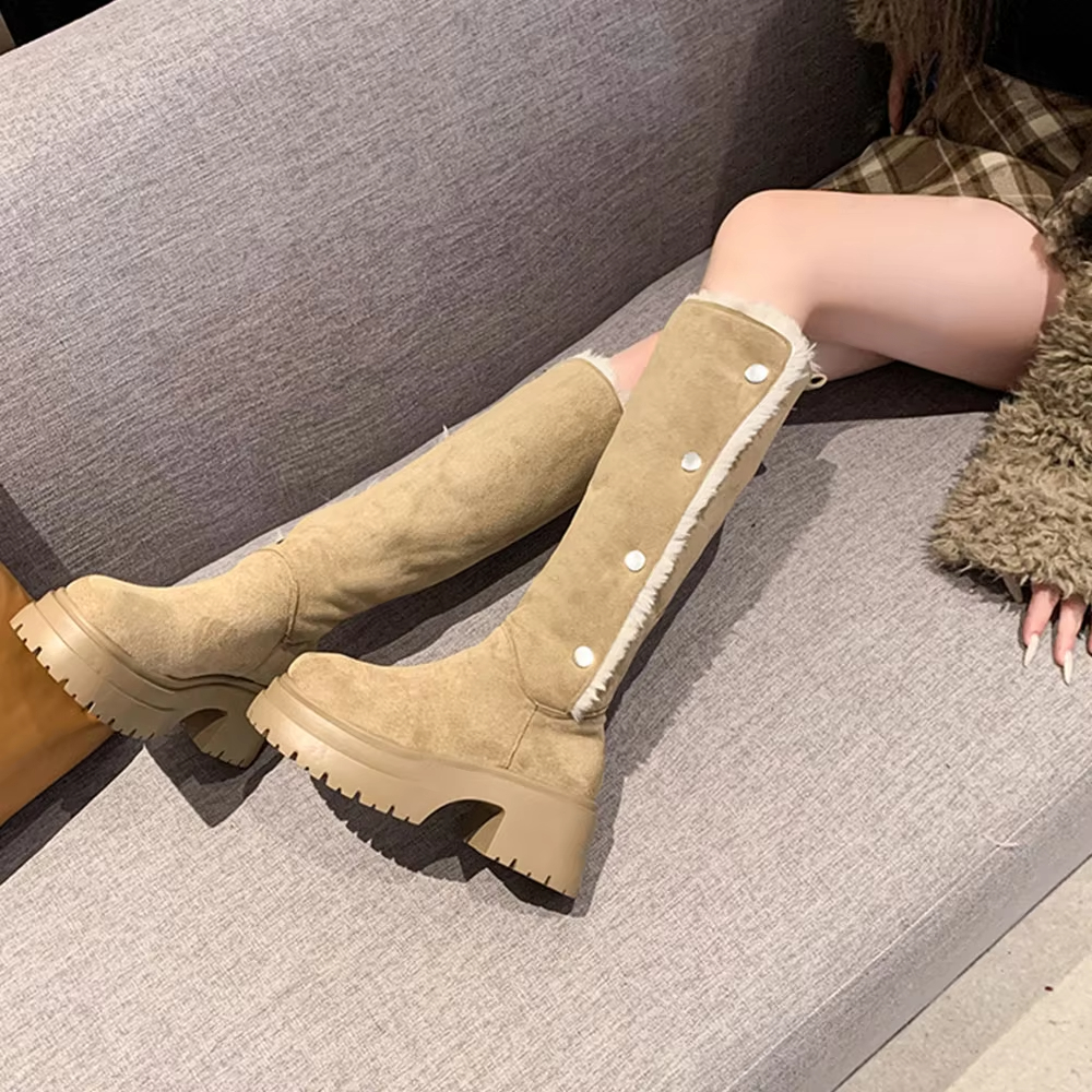 Designer Snow Slimming Women's Vintage Knight Square Toe High Heels Heaps Boots Long Buttons Warm Suede Womens Boots