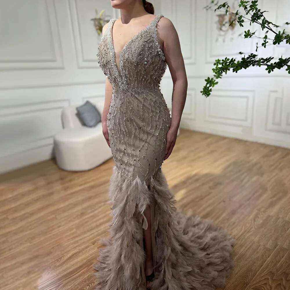 Exquisite V-Neck Feather Evening Fashion Beads Sequined Mermaid Party Gowns Side Slit Sweep Train Prom Dresses