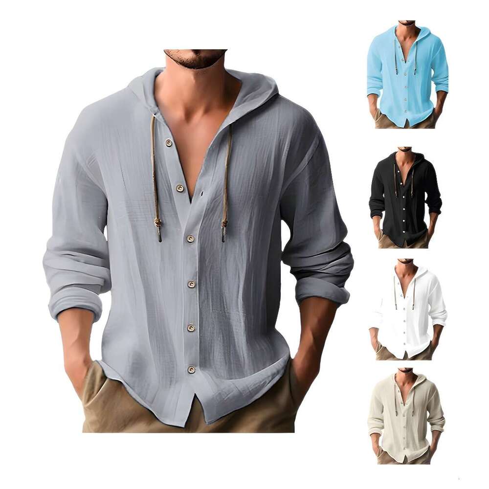 Cross border 2024 new spring/summer men's hooded T-shirt solid color cotton linen men's casual long sleeved top