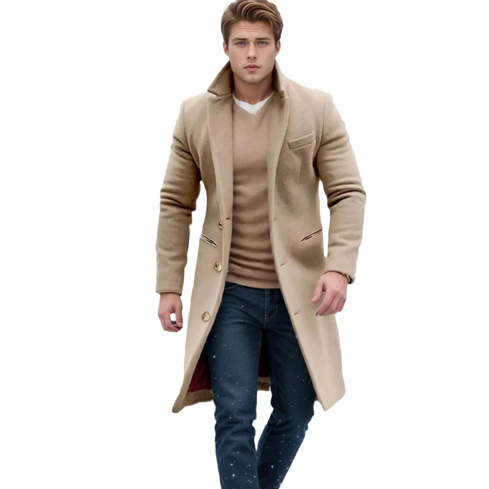 Elegant mens autumn and winter casual windproof jacket solid color button long sleeved medium to long windproof extra set S-XXXL 241024