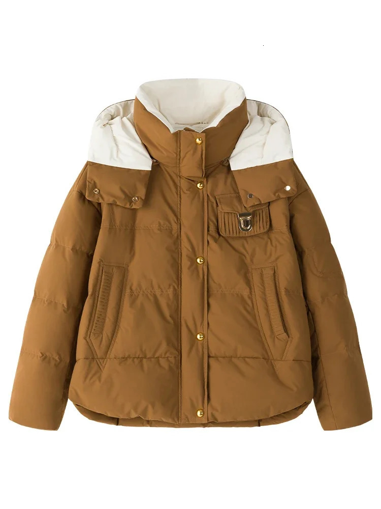 DUSHU 104G filling capacity detachable hooded short loose jacket winter brown down jacket womens white duck down jacket 241023