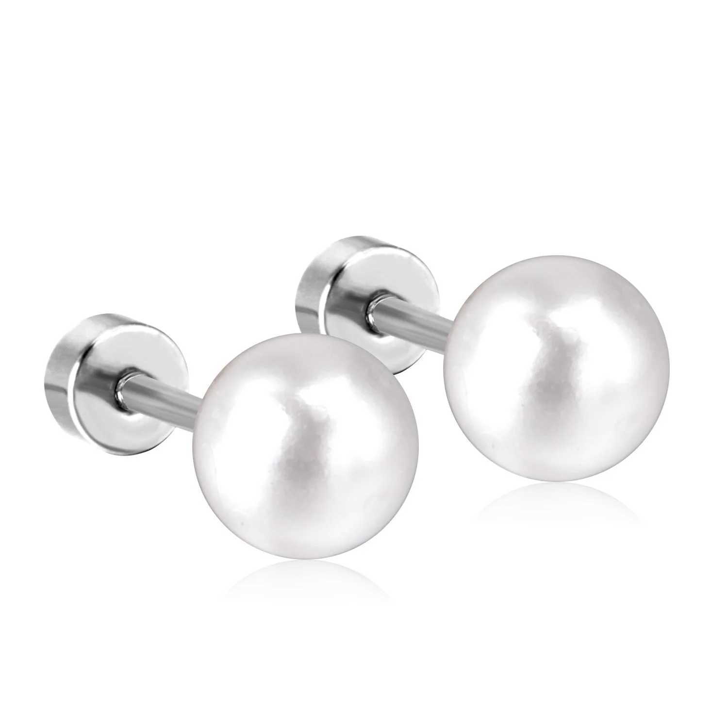 Pearl screw stud earrings womens stainless steel earrings 8mm white 20G perforated sleep mens fashionable earrings W241023
