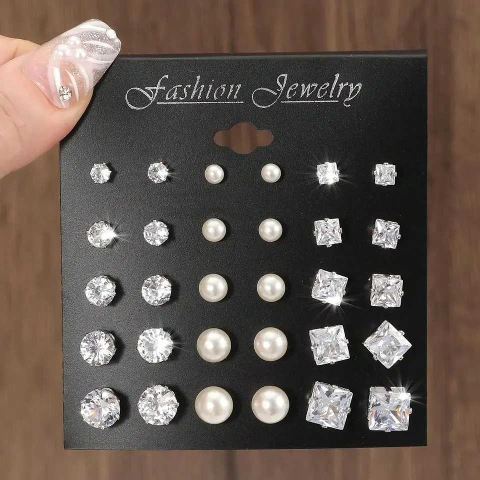 15 pairs of cubic zirconia and artificial pearl decorative stud earrings suitable for holidays parties dates gifts and daily wear W241023