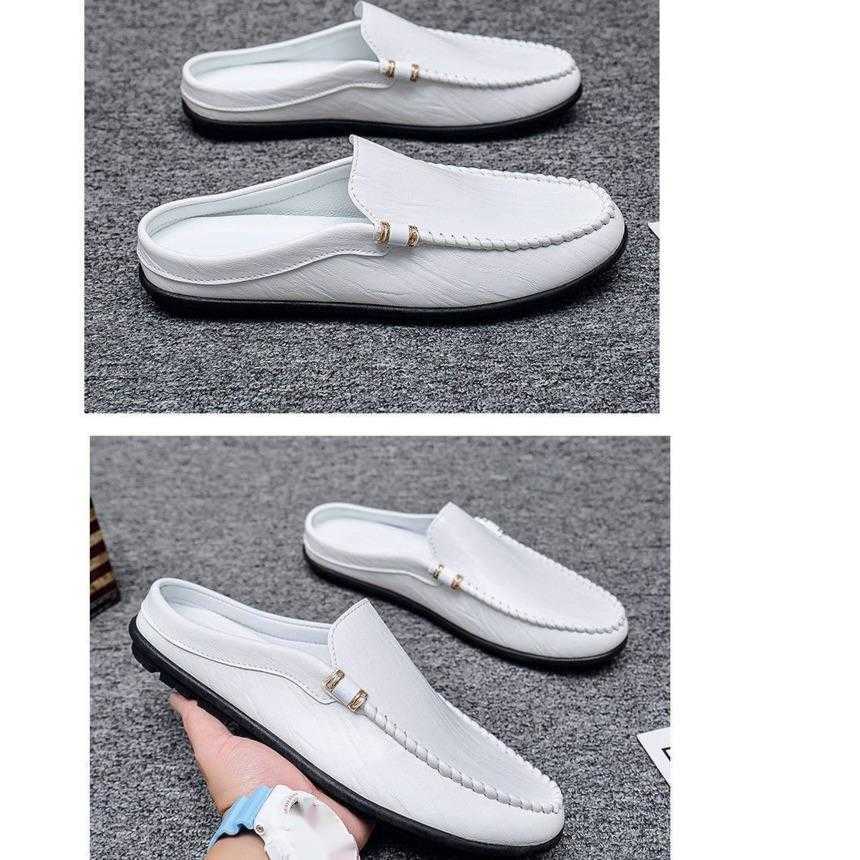 Men Dress Shoes Bean Shoes Mens New Style Mens Half Slippers For Outdoor Wear Summer Breathable Lazy Shoes One Foot No Heel Leather Shoes 241009