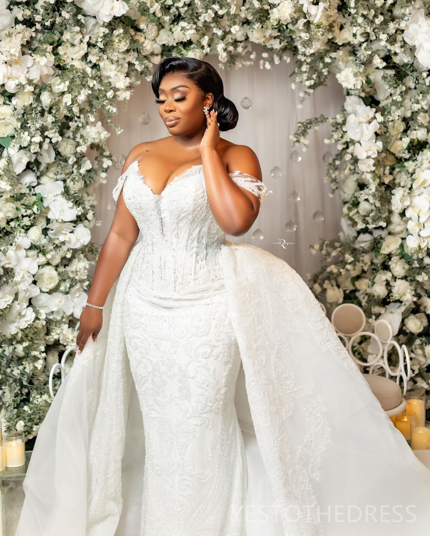 2024 Plus Size African Dress Bridal Bride Detachable Train Mermaid Off Shoulder Beaded Lace Plated Wedding Gowns For Black Women Marriage