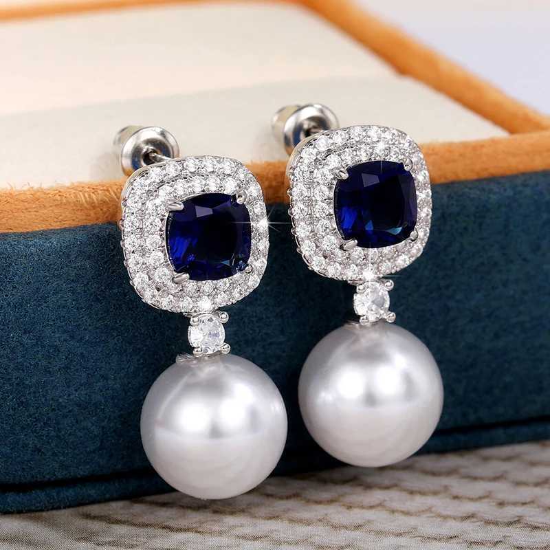 Huitan Gorgeous Blue Cubic Zirconia Imitation Pearl Earrings for Womens Engagement Wedding Party Temperature Elegant Earrings W241023
