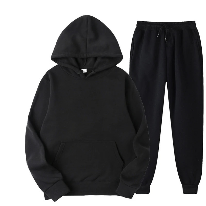 mens track and field uniform hooded sweatshirt casual solid color thick zipper and long pants 2-piece set mens autumn wool jogging sportswear 241024