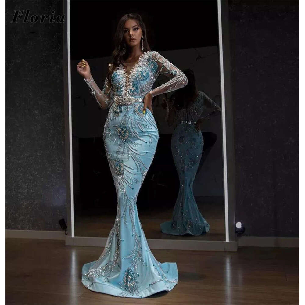 ria Arabic African Blue Beaded Evening Dresses Vestidos Two Pieces Rhie Red Carpet Pageant Dress Party Gowns For Prom