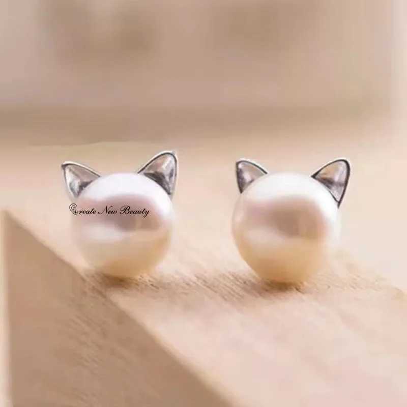 Cute Cat Earrings Korean Style Luxury Jewelry Pearled Earring Creative Simple Craft 925 Sterling Silver Sweet Stud EarringsX241023