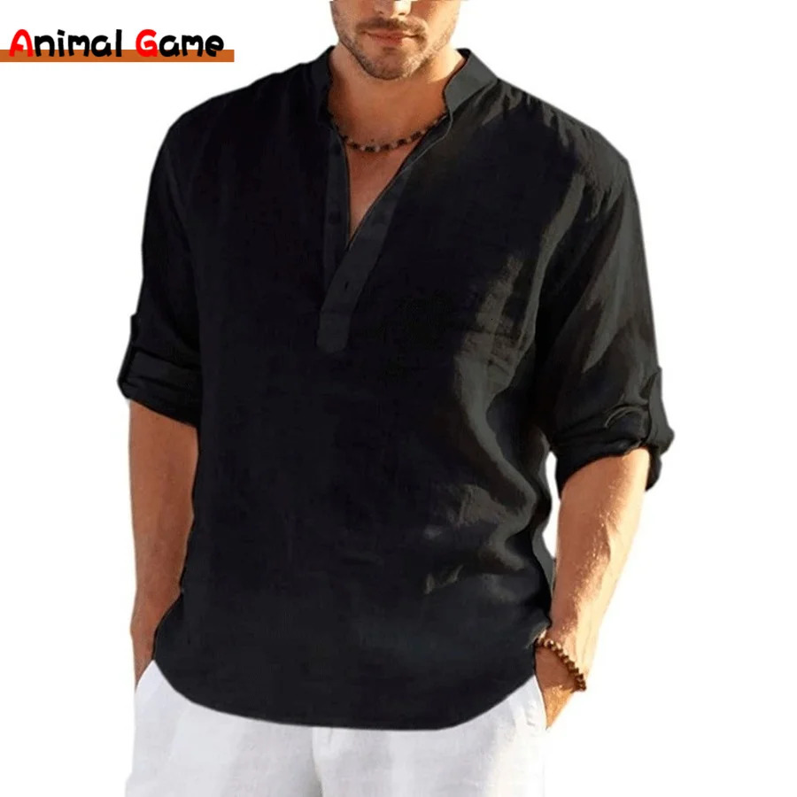 mens linen long sleeved loose casual T-shirt long sleeved cotton linen shirt trend top plus size S-5XL 241023