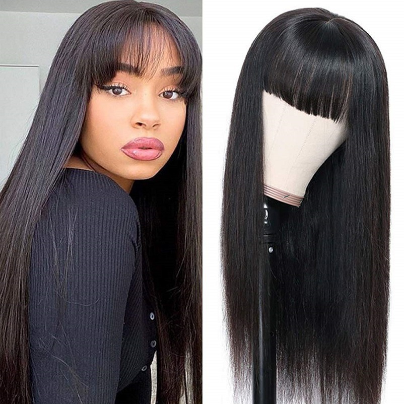 Wig for women long straight hair wig with bangs black fashion temperament face-shaping synthetic fiber wig
