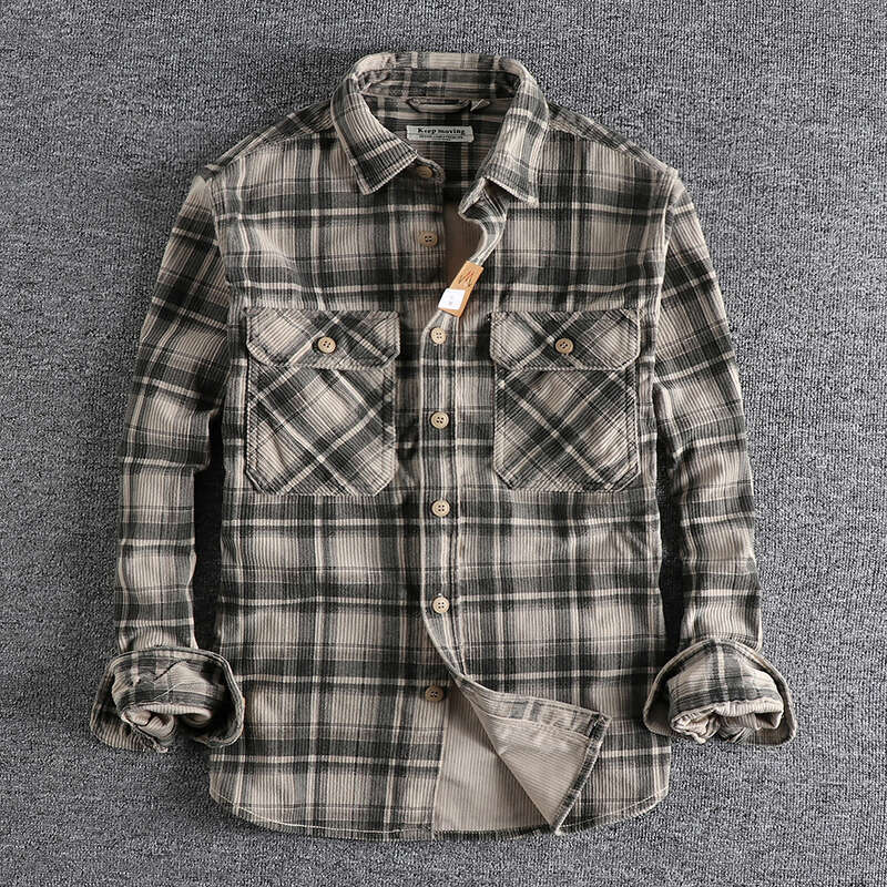 Plaid Woven Corduroy Men Shirts 100% Cotton Spring Autumn Heavy Washed Workwear Blouses Retro Ameki Western Style Casual Tops