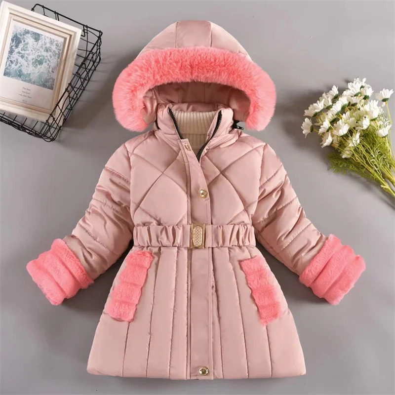 Winter girls with velvet warm coat childrens hooded thick coat childrens clothing fashionable long park girls aged 4-12 241024