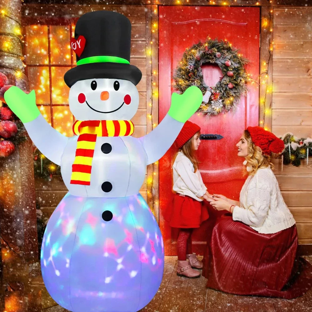 2.2M/7-foot Christmas inflatable green gloves snowman outdoor model with built-in rotating LED lights for indoor and outdoor Christmas decoration 2410