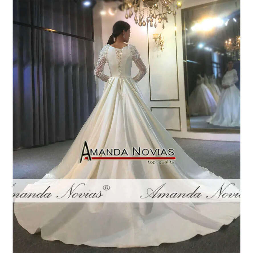 Simple Elegant Plain Satin Wedding Dress With Long Sleeves Real Work Photo