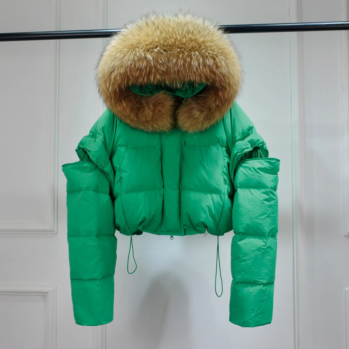 Dazhen Raccoon Fur Hooded Waterproof Winter Short Inflatable Jacket Detachable Sleeves Womens Duck Down Jacket Womens Parka 241023