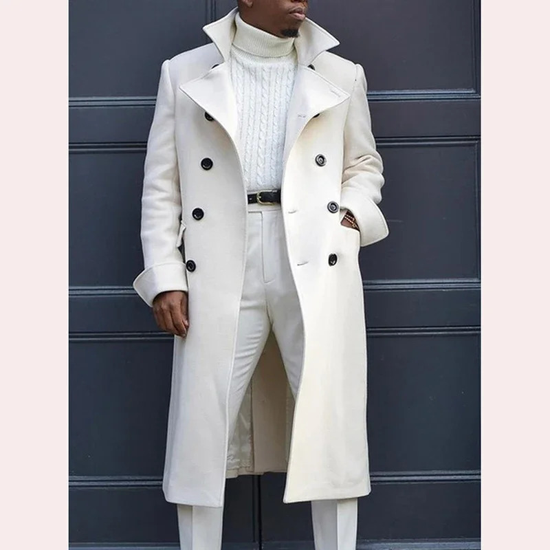 Fashionable white long jacket trench wool blend mens coat long trench coat double chest coat streetwear party loose jacket 241024