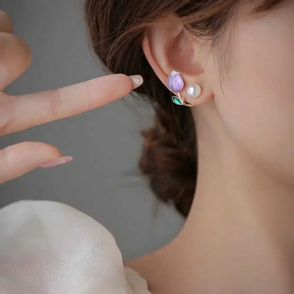 Pink Tulip Imitation Pearl Earrings Rose Color Flower Two Ways To Wear Ear Studs for Girls Daily Wear Women Ear Piercings GiftsX241023