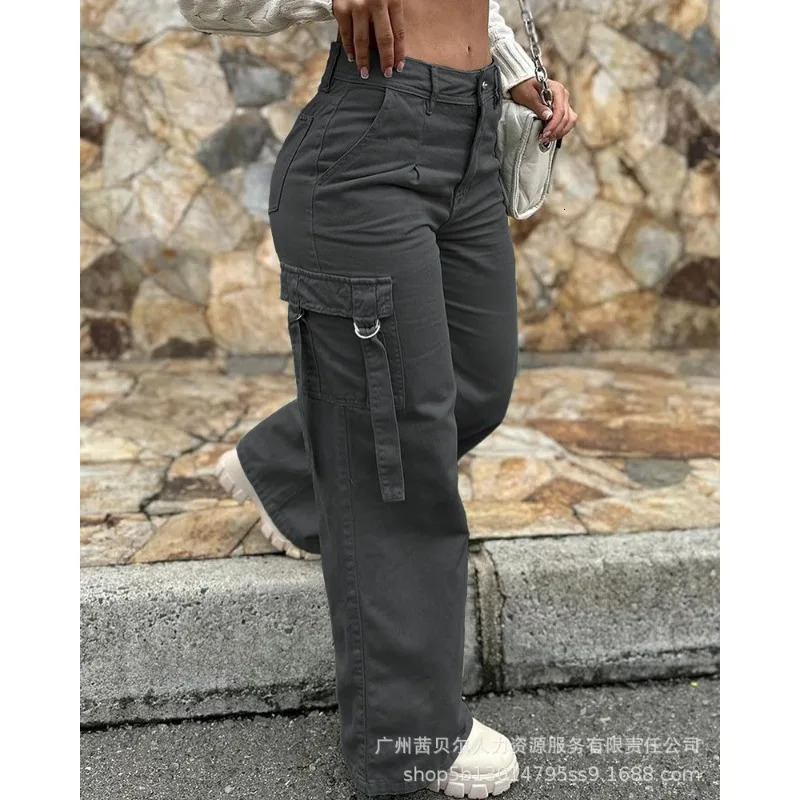 Wepbel pocket straight leg overalls pants fashion overalls womens Trouser army green casual patch solid color cargo pants 241023