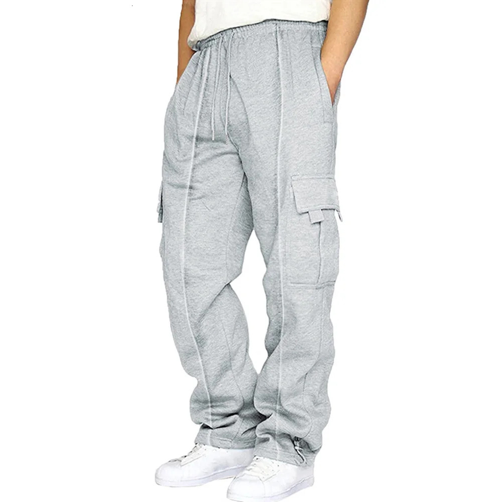 Mens multi pocket work pants for autumn casual running and jogging outdoor commuting velvet leg sports pants mens clothing 241023