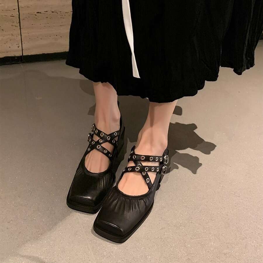 Designer Shoe Sheepskin Edition~French Retro Square Head Ballet Shoes Women's Coarse Heel Dark Cross Strap Fashion Mary Jane Shoes Genuine Leathe