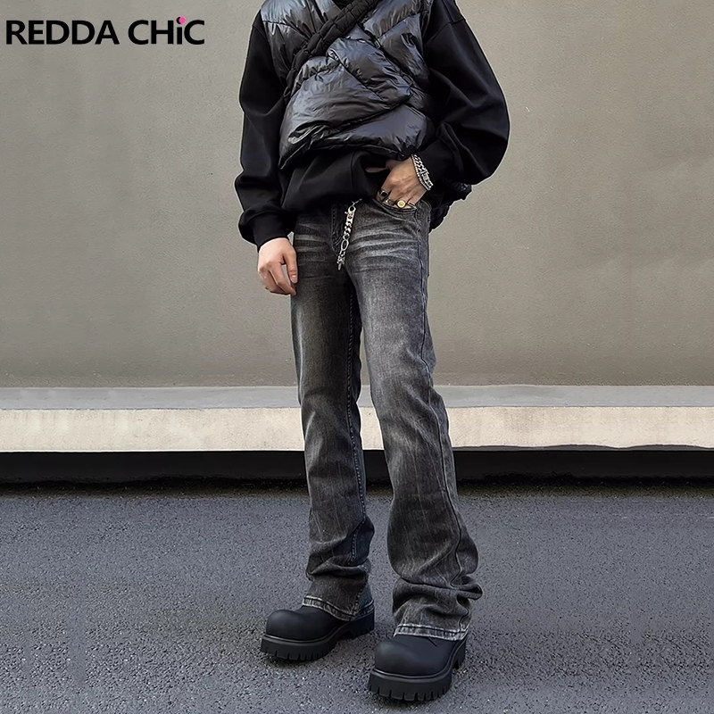 REDDACHiC Retro Gray Brushed Flare Jeans Men Cleanfit Hiphop Distressed Low Waist Stretch Y2k Bootcut Pants Harajuku Streetwear 241008