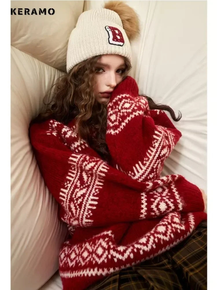 Sweet Casual Christmas Style Knitted Long Sleeve Pullover Winter Fashion Womens Geometric Printed Jumper Round Neck Sweater 241024