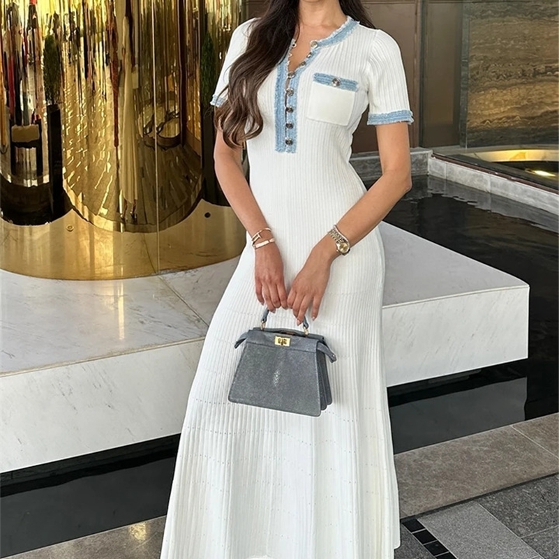 Elegant V Neck Denim Patchwork Knitted Long Dres Fashion Short Sleeved Buttons Bodycon Dresses Office Lady Pockets Robes 241007