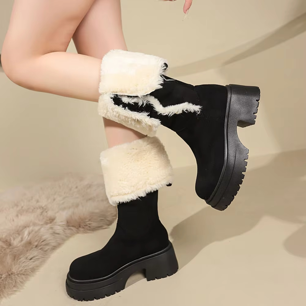 Designer Snow Slimming Women's Vintage Knight Square Toe High Heels Heaps Boots Long Buttons Warm Suede Womens Boots