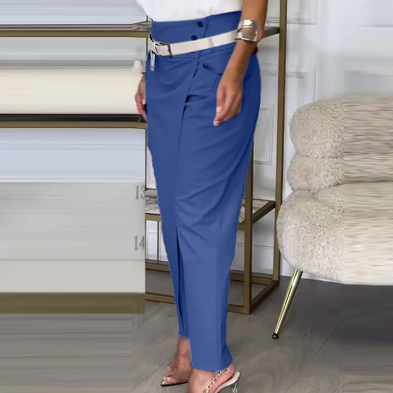 Fashion button solid color Communicating Pants elegant high waisted irregular pants womens casual pocket Communicating ultra-thin Trouser 241023