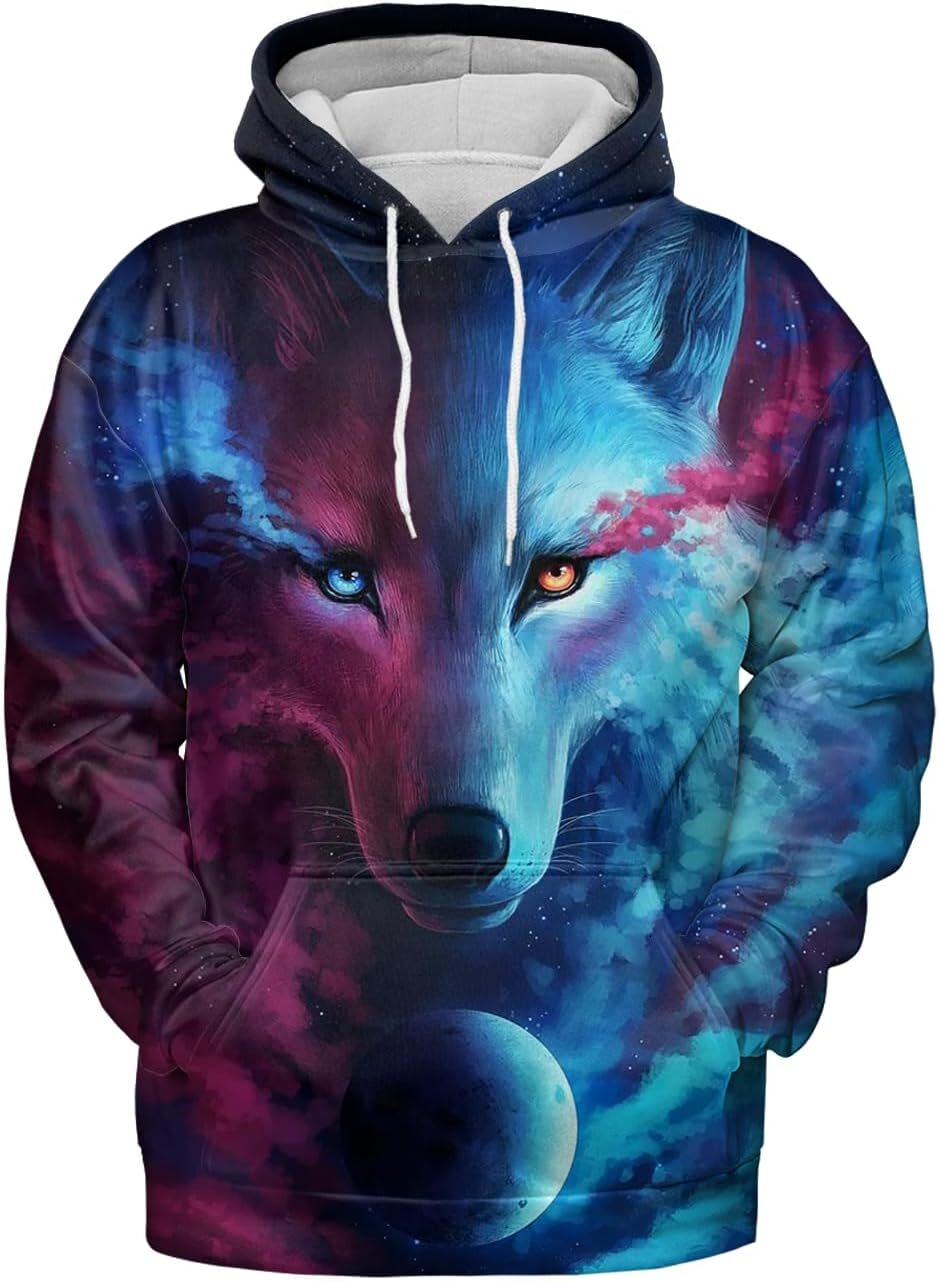 Hoodie for Mens Womens Wolf Hoodies For Men Women 3D Print Three Wolf Moon Adults Wolves Face Hooded Galaxy Sweatshirt Wolf Graphic Warm