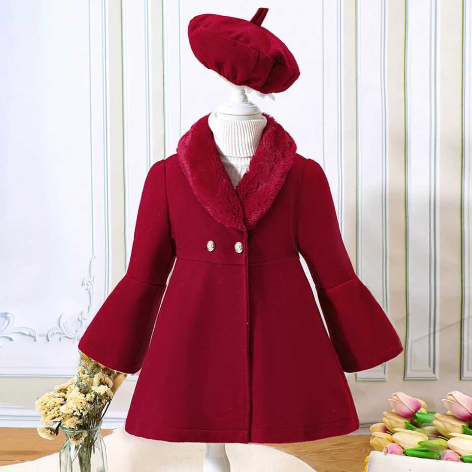Girls winter solid color fashionable long sleeved sparkling sleeve warm polo collar jacket spliced wool collar jacket W241023
