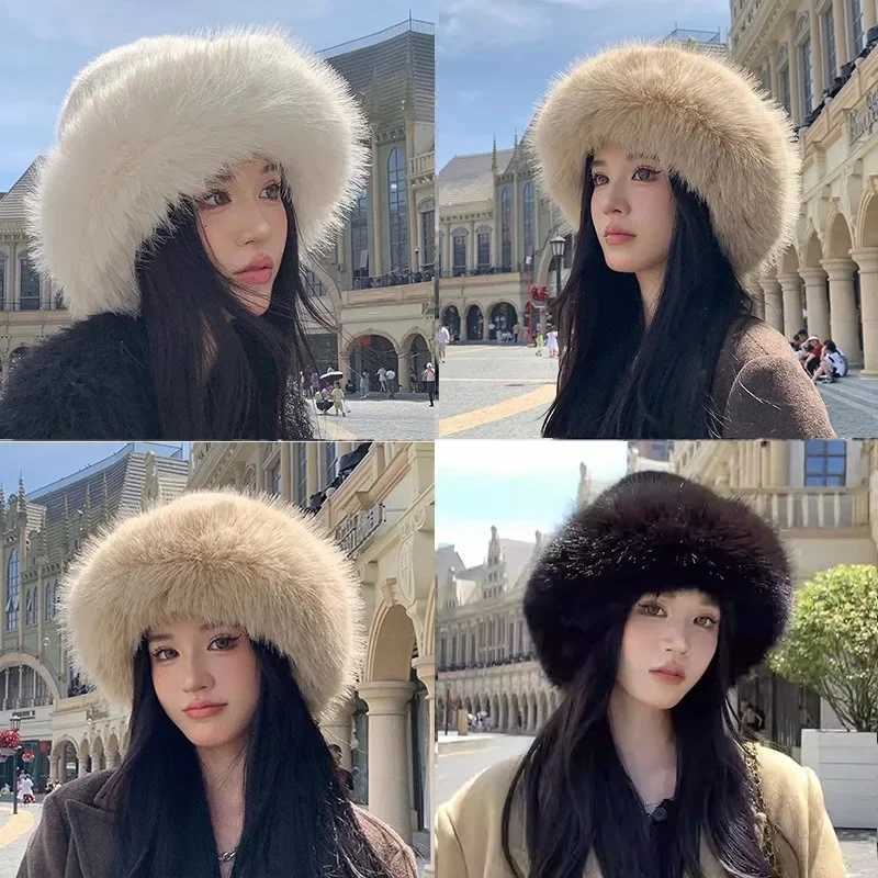 Fluffy bucket hat Mongolian hat Winter fluffy fur thick fishermans hat earmuffs windproof and warm Panama hat X241023