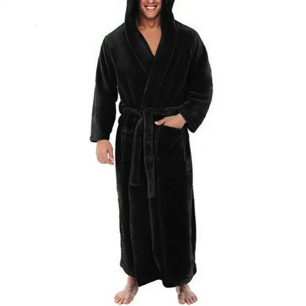 Mens soft coral fleece solid color pocket long bath robe home dress pajamas plus size loose and comfortable home clothes 241023