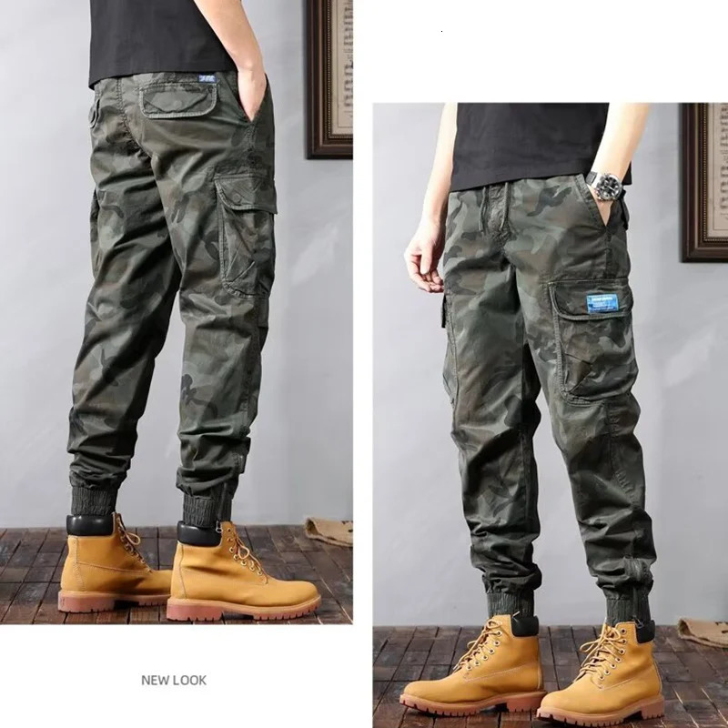 Mens trend camouflage outdoor cargo pants basic hiking and climbing sports mens multi pocket bundled foot casual pants 241023